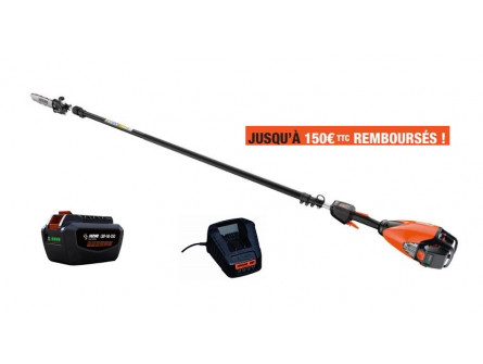Tronçonneuse sur perche ECHO DPPT 2600 LW avec deux batteries LPB50-250 et un chargeur LCJQ-5602C.