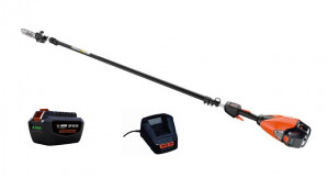 Tronçonneuse sur perche ECHO DPPT 2600 LW avec deux batteries LPB50-250 et un chargeur LCJQ-5602C.