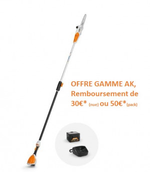 Tronçonneuse sur perche STIHL HTA 50 est livré avec 1 batterie AK 20 + 1 chargeur AL 101