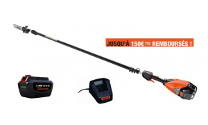 Tronçonneuse sur perche ECHO DPPT 2600 LW avec deux batteries LPB50-250 et un chargeur LCJQ-5602C.
